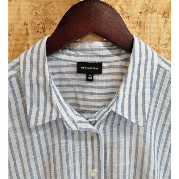 WHO WHAT WEAR Blue Striped Button Up Shirt Top Size Medium - Picture 3 of 9